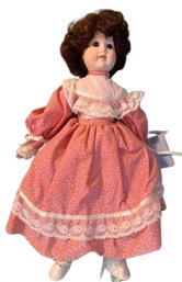 Porcelain Doll With Red Printed Dress And Lace Details, 13 Inches