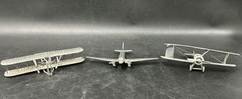 (3) Metal Airplane Collectible, Biplane, A Propeller Plane, And A Jet Airliner