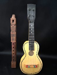 Andean Instruments Lot: 2-Piece Set, Carved Wooden Flute & Charango