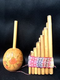 Musical Instruments Duo: 1 Maraca (Red Floral), 1 Pan Flute (Bamboo Tubes, Woven Band)