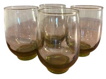 Set Of 4 Clear Drinking Glasses With Green-Tinted Base, Size: 5 Inches