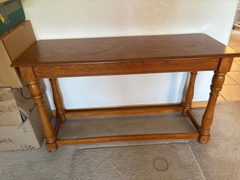 Wooden Table With Turned Legs And Decorative Top, Size: 17x48 Inches
