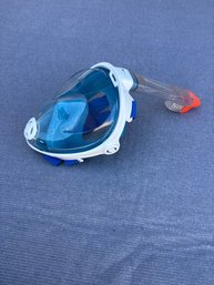Full-Face Snorkeling Mask: 1-Piece, Blue/White Frame, Orange-Tip Snorkel
