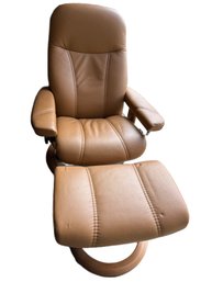 Tan Leather Recliner With Ottoman By Ekornes Of Norway