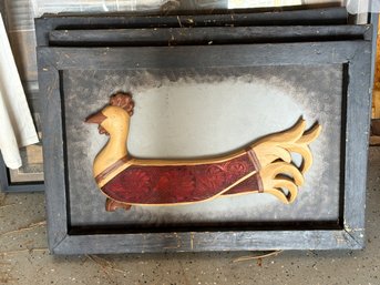 Folk Art Wooden Plaque With Carved Rooster Motif, Framed