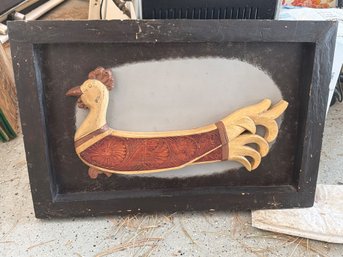 Folk Art Wooden Framed Carved Rooster Wall Plaque