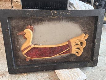 Wooden Framed Relief Panel With Stylized Bird Motif