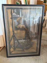 Framed Charcoal And Pastel Drawing Of Seated Figure