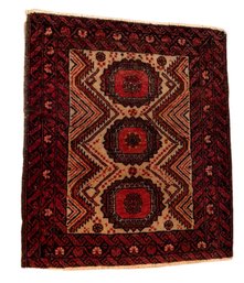 Hand-Knotted Wool Rug With Geometric Design, Approx 24 X 36