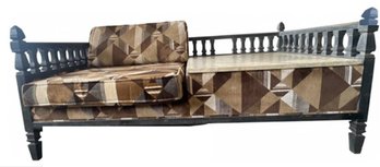 Mid-Century Wood-Framed Sofa With Geometric Upholstery And Integrated Surface