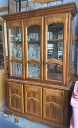 Solid Oak China Cabinet With Glass Doors And Storage Drawers
