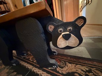 Wooden Bear Bench With Carved Black Bear Base