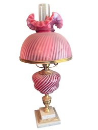 Pink Ribbed Satin Glass Lamp With Ruffled Shade And Marble Base