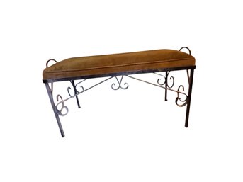 Wrought Iron Bench With Olive Green Upholstered Seat