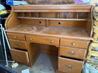 Wood Roll-Top Desk With Multiple Drawers And Compartments
