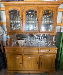 Oak China Hutch With Glass Doors And Brass Hardware