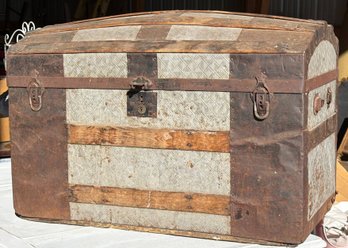 Wood And Metal-Banded Dome-Top Steamer Trunk With Floral Interior