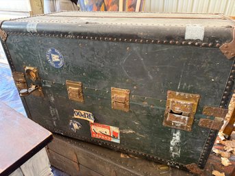 Early 20th Century Green Metal Travel Trunk With Brass Hardware
