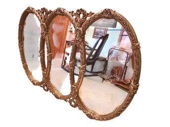 Gold-Tone Triple Panel Wooden Frame Mirror With Ornate Detailing