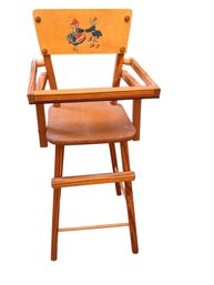 Vintage Wooden Child's High Chair With Painted Rooster Design