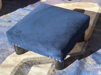 Blue Upholstered Square Footstool With Black Legs