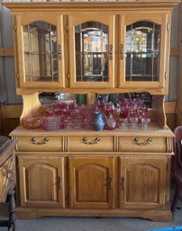 Oak Wood China Cabinet With Glass-Front Doors And Storage Base