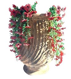 Stone-Look Fluted Urn Planter With Artificial Red And Green Floral Arrangement
