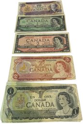 Canadian Banknotes $1,$2 And $10 Bills