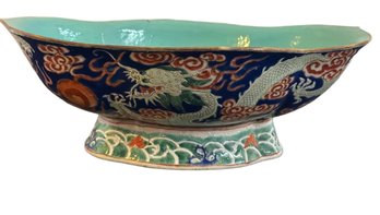 Scalloped Ceramic Bowl With Dragon Motif And Turquoise Interior