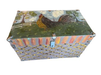 Hand-Painted Wooden Storage Chest With Rooster Design And Hinged Lid