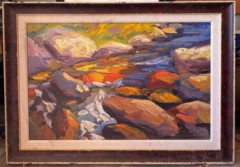 Framed Oil Painting Of River Rocks By Clemente