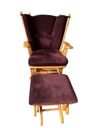 Amish Wooden Glider Rocking Chair With Upholstered Seat And Matching Ottoman