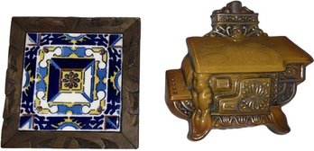 Mexican FolkArt Tile Trivet N Wood Frame Stand And Ceramic Cookie Jar