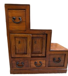 Wooden Tansu-Style Step Cabinet With Iron Pull Handles
