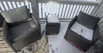 Two Gray Wicker Outdoor Armchairs With Cushions And Side Table