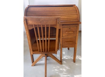 Oak Roll-Top Desk With Chair And Interior Organizers- Child's Desk, Fully Restored And Refinished