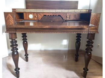 Antique Spoon-Carved Writing Desk with Integral Clock