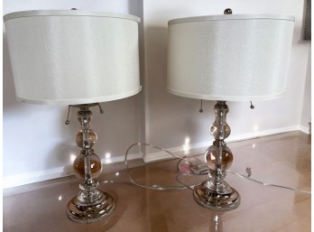 Pair of Chrome and Crystal Table Lamps with Drum Shades
