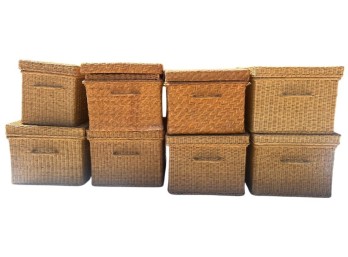 Collection of Woven Wicker Storage Baskets with Lids and Handles