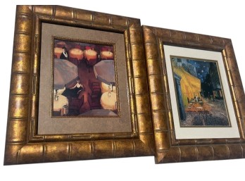 Set of Two Framed Art Prints in Faux Bamboo Gilt Frames -- Cafe Scene and Night Street Scene