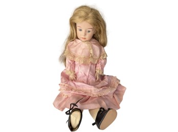 Porcelain Doll With Long Blonde Hair In Pink Victorian-Style Dress