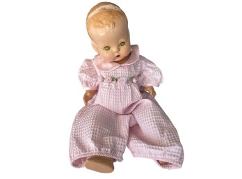 Mid-Century Composition Baby Doll With Molded Hair And Sleep Eyes In Pink Gingham Dress