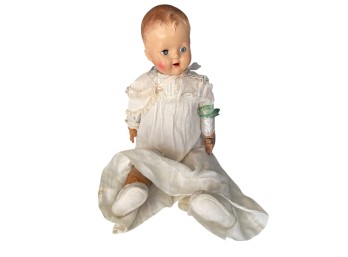 Composition Baby Doll With Molded Hair In Vintage Lace Christening Gown