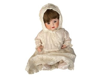 Vintage Porcelain Baby Doll In Christening Gown With Bonnet
