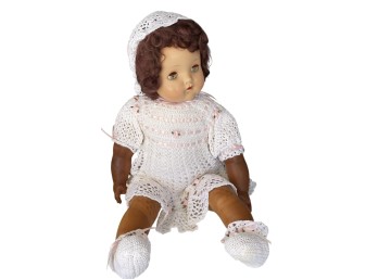 Vintage Composition Baby Doll With Auburn Hair And Hand-Crocheted Outfit