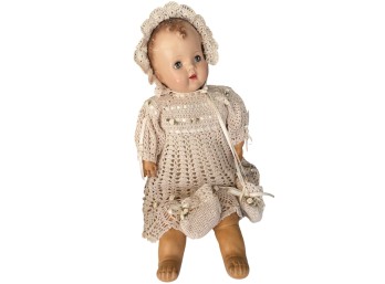 Vintage Composition Baby Doll With Handmade Crocheted Christening Gown And Bonnet Set