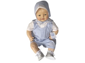 24' Petit Ami Brand Baby Doll In Blue Gingham Romper With Original Hang Tag