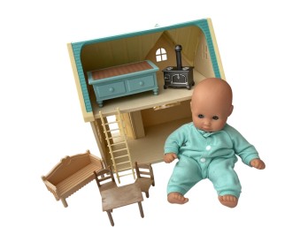 Plastic Two-Story Dollhouse With Furniture And Baby Doll