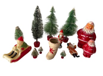 Assorted Vintage Christmas Decorations with Bottle Brush Trees and Santa Figures