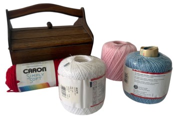 Wooden Box with Caron Simply Soft Yarn and Assorted Thread Spools